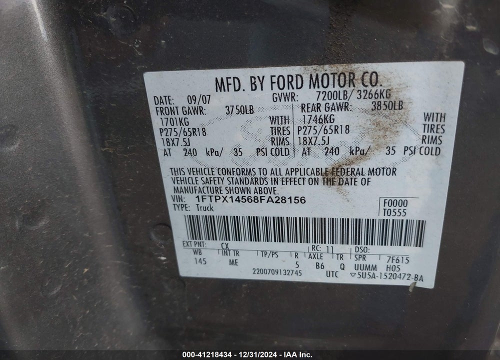 2008 FORD F-150 VIN: 1FTPX14568FA28156