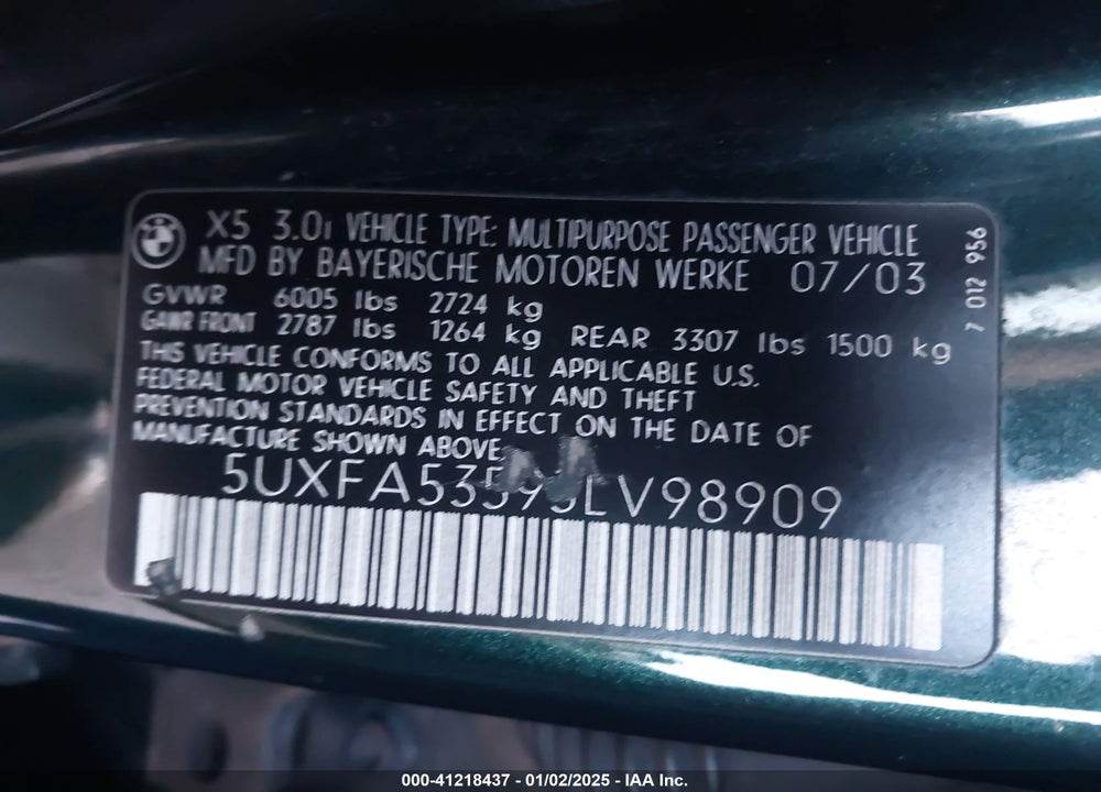 2003 BMW X5 3.0I VIN: 5UXFA53593LV98909