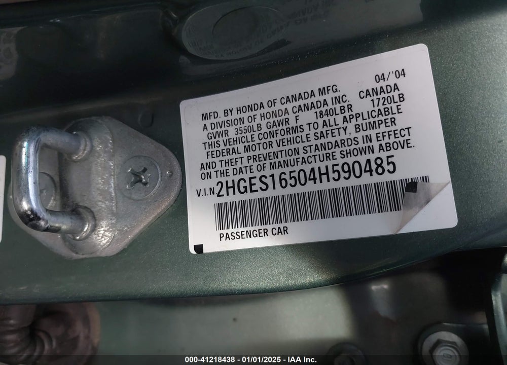 2004 HONDA CIVIC LX VIN: 2HGES16504H590485