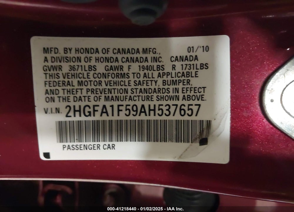2010 HONDA CIVIC VIN: 2HGFA1F59AH537657