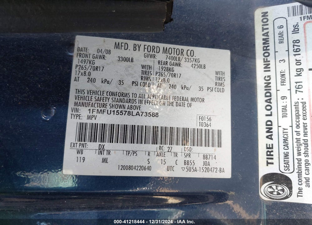 2008 FORD EXPEDITION XLT VIN: 1FMFU15578LA73588