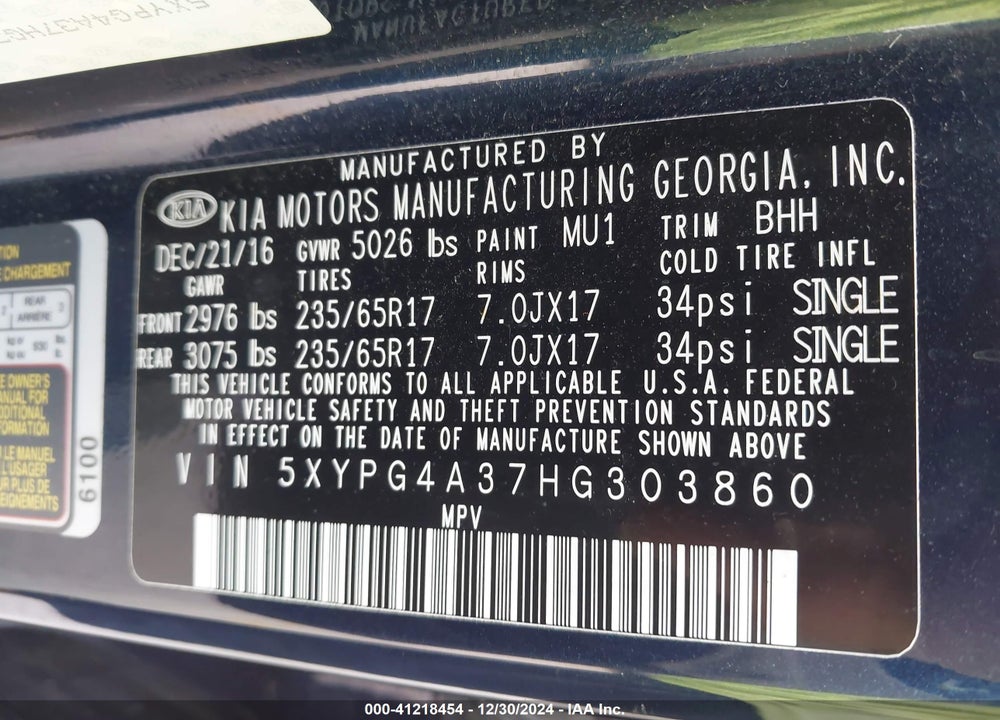 2017 KIA SORENTO 2.4L LX VIN: 5XYPG4A37HG303860
