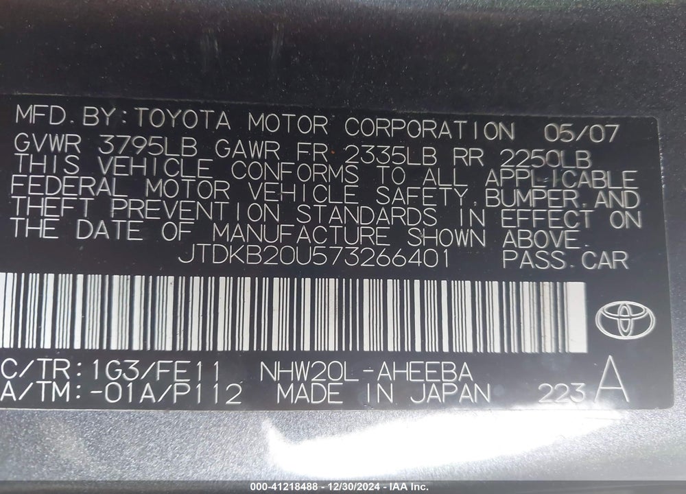 2007 TOYOTA PRIUS VIN: JTDKB20U573266401