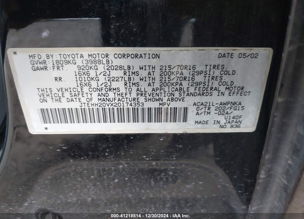 2002 TOYOTA RAV4 BASE (A4) VIN: JTEHH20VX20174353