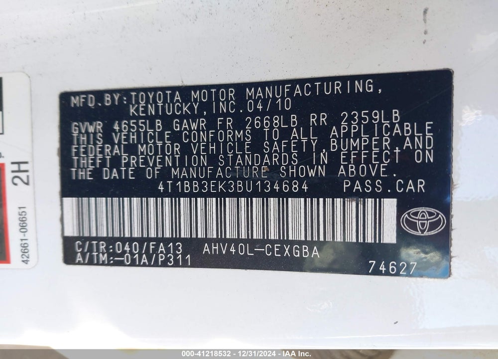 2011 TOYOTA CAMRY HYBRID VIN: 4T1BB3EK3BU134684