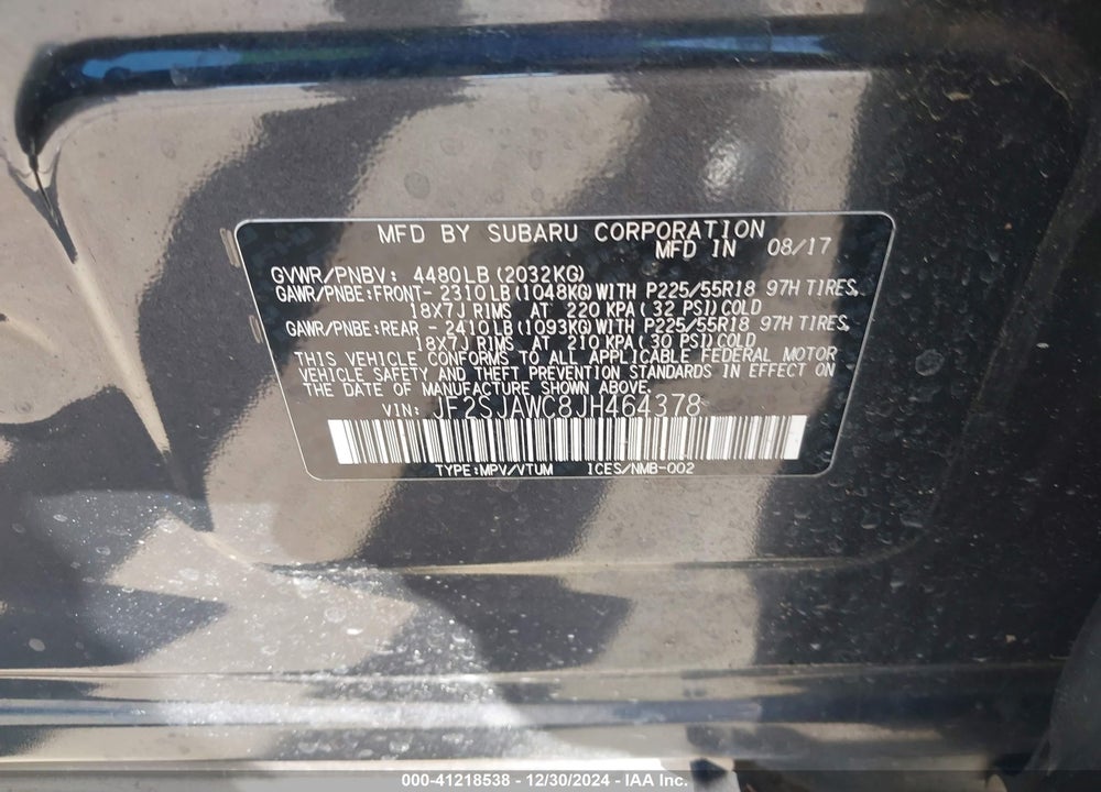 2018 SUBARU FORESTER 2.5I TOURING VIN: JF2SJAWC8JH464378