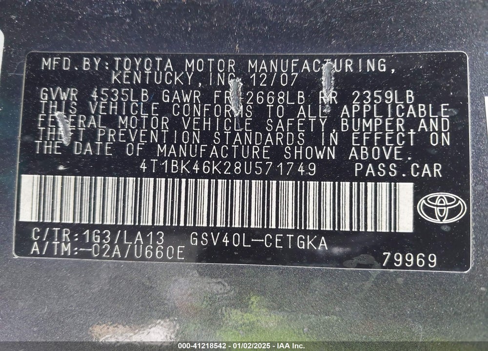 2008 TOYOTA CAMRY XLE V6 VIN: 4T1BK46K28U571749