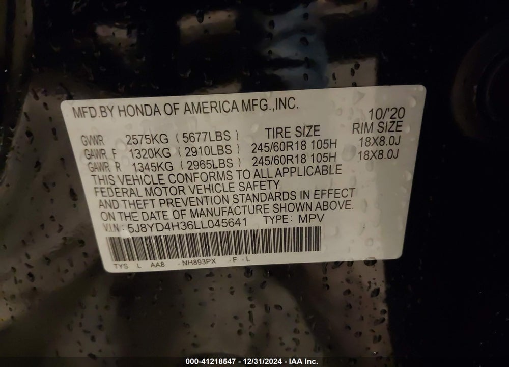 2020 ACURA MDX STANDARD VIN: 5J8YD4H36LL045641