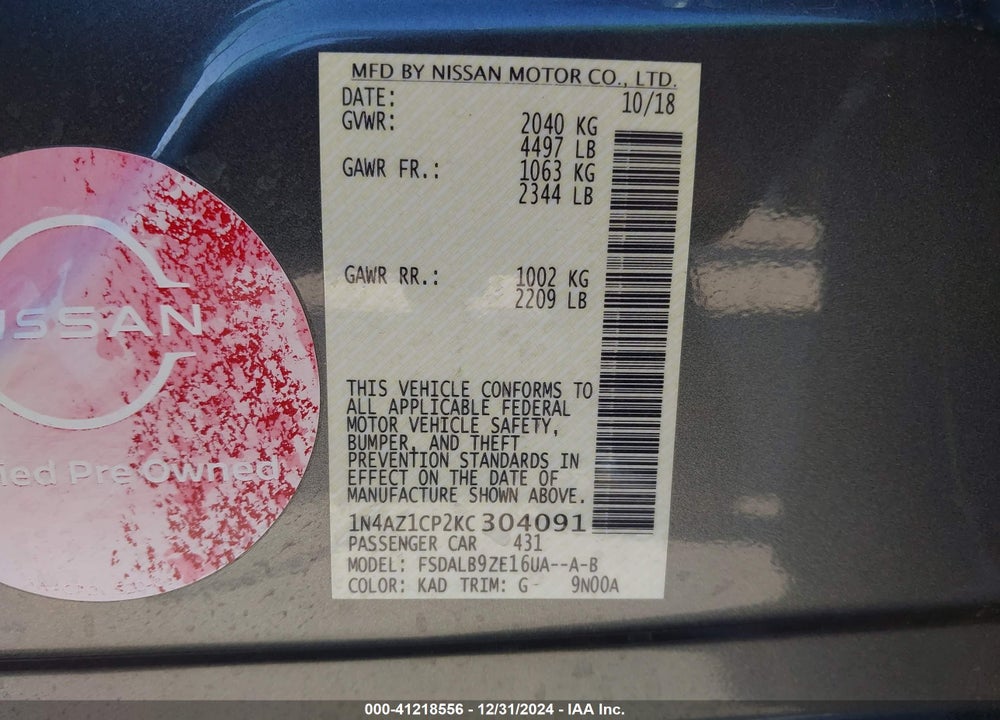 2019 NISSAN LEAF VIN: 1N4AZ1CP2KC304091