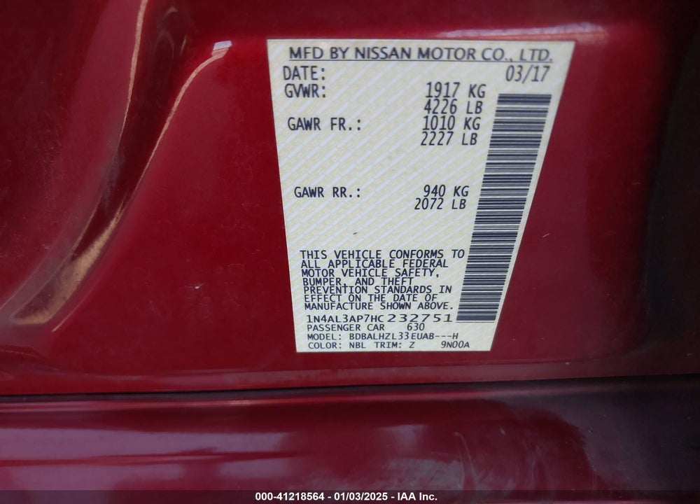 2017 NISSAN ALTIMA VIN: 1N4AL3AP7HC232751