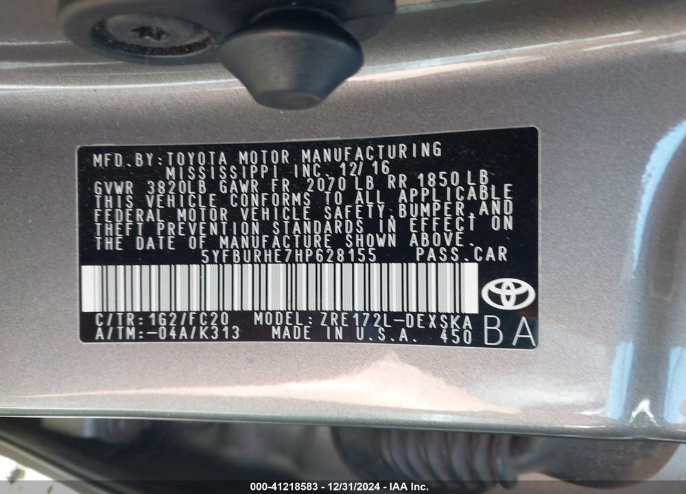 2017 TOYOTA COROLLA VIN: 5YFBURHE7HP628155