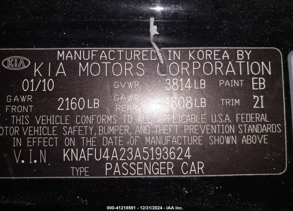 2010 KIA FORTE VIN: KNAFU4A23A5193624