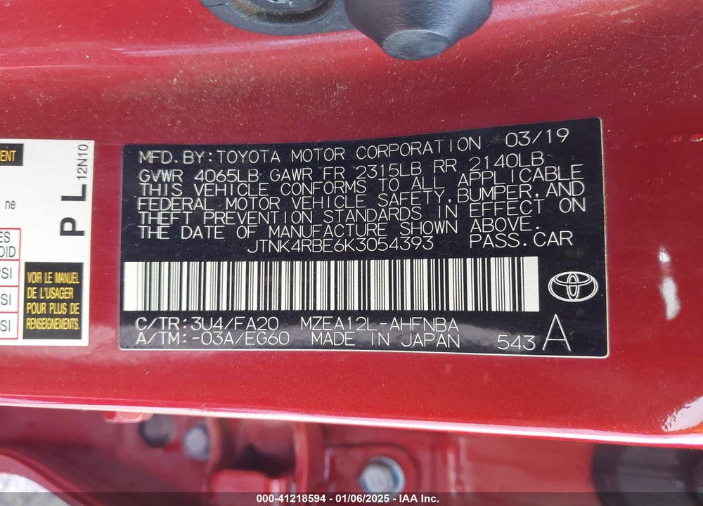 2019 TOYOTA COROLLA VIN: JTNK4RBE6K3054393