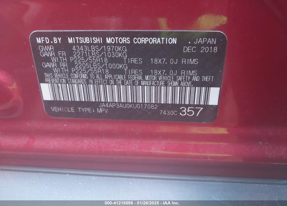 2019 MITSUBISHI OUTLANDER SPORT 2.0 ES/2.0 LE/2.0 SP VIN: JA4AP3AU0KU017082