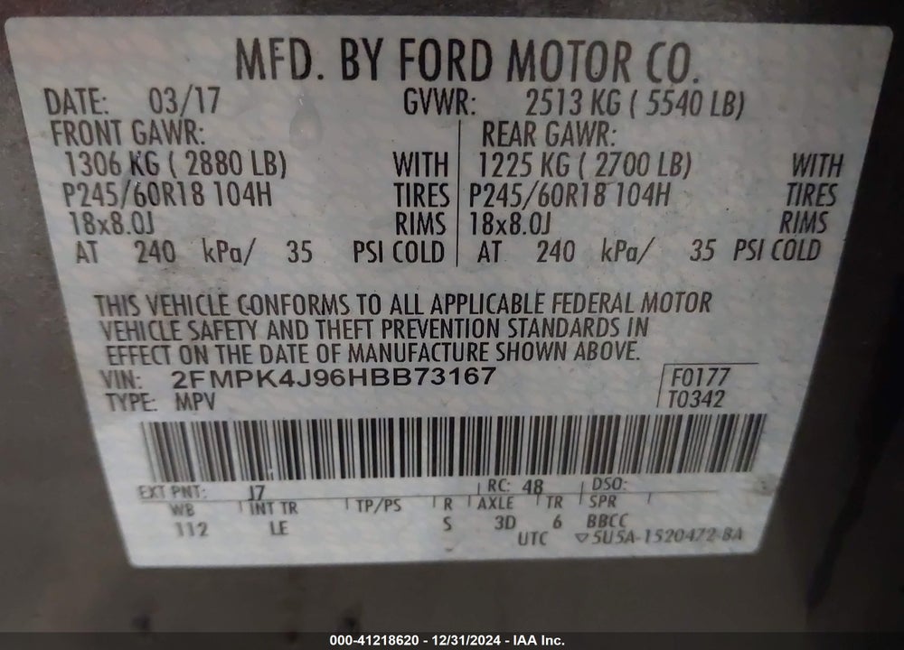 2017 FORD EDGE SEL VIN: 2FMPK4J96HBB73167
