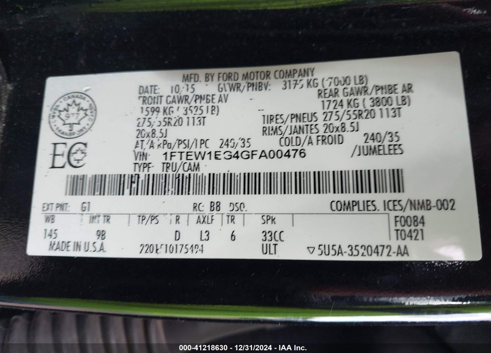 2016 FORD F-150 VIN: 1FTEW1EG4GFA00476