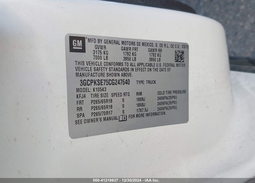 2012 CHEVROLET SILVERADO 1500 VIN: 3GCPKSE75CG247640