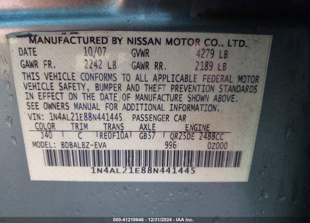 2008 NISSAN ALTIMA VIN: 1N4AL21E88N441445