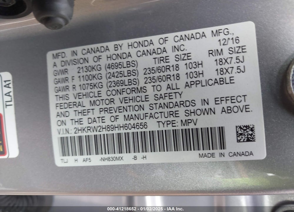 2017 HONDA CR-V EX-L/EX-L NAVI VIN: 2HKRW2H89HH604656