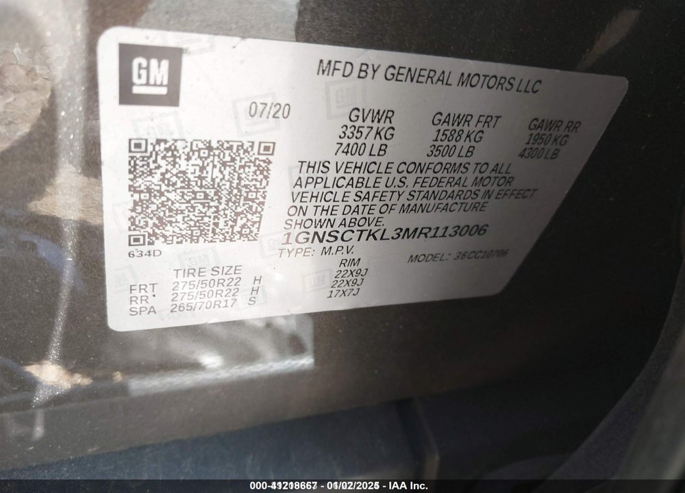 2021 CHEVROLET TAHOE 2WD HIGH COUNTRY VIN: 1GNSCTKL3MR113006
