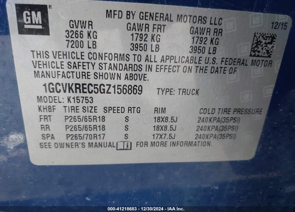 2016 CHEVROLET SILVERADO 1500 VIN: 1GCVKREC5GZ156869