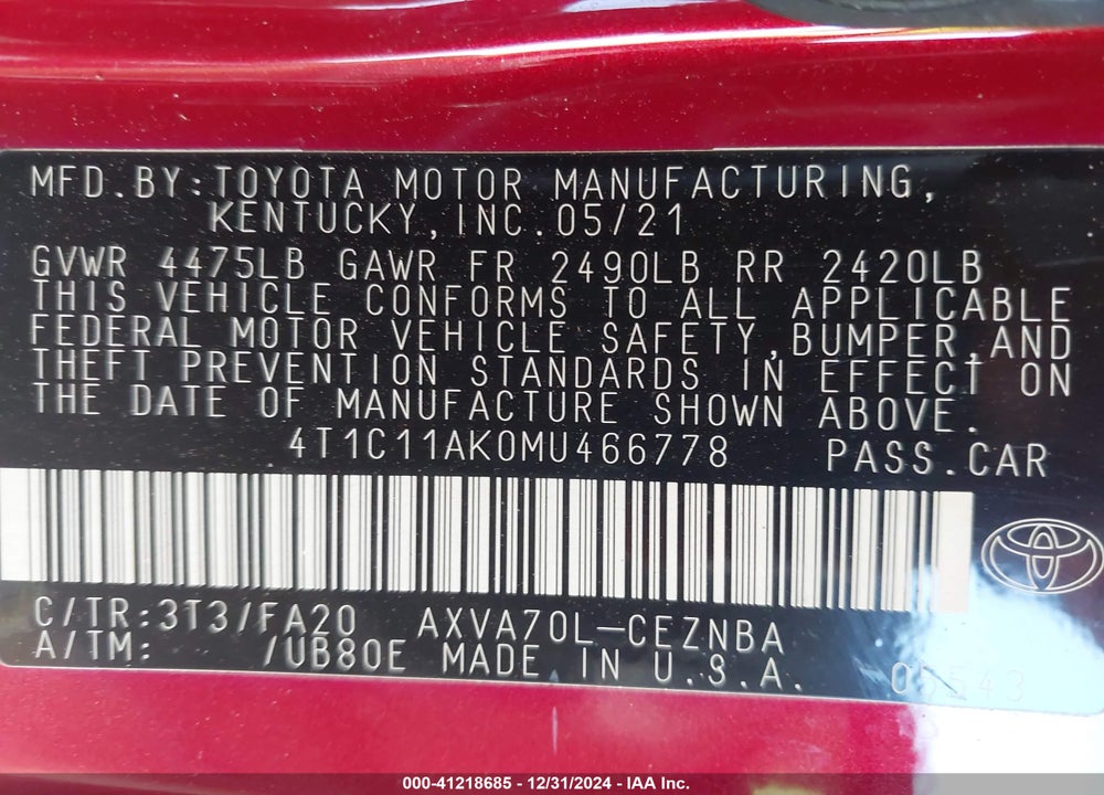 2021 TOYOTA CAMRY VIN: 4T1C11AK0MU466778
