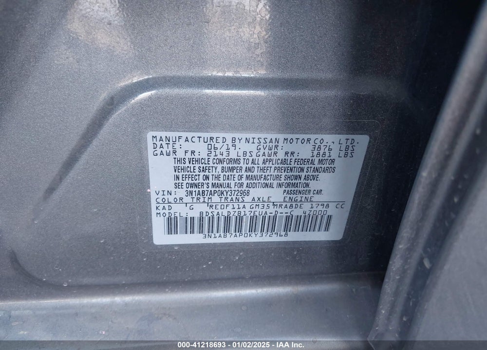 2019 NISSAN SENTRA SV VIN: 3N1AB7AP0KY372968