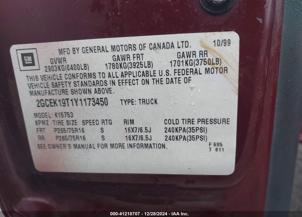 2000 CHEVROLET SILVERADO 1500 LT VIN: 2GCEK19T1Y1173450