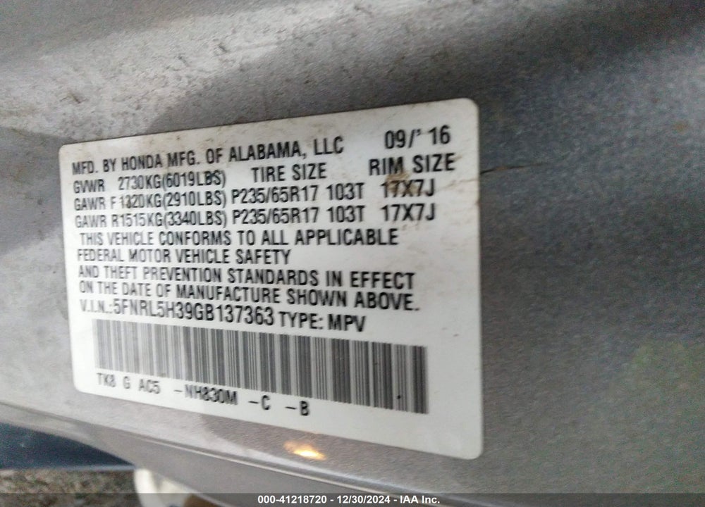 2016 HONDA ODYSSEY SE VIN: 5FNRL5H39GB137363