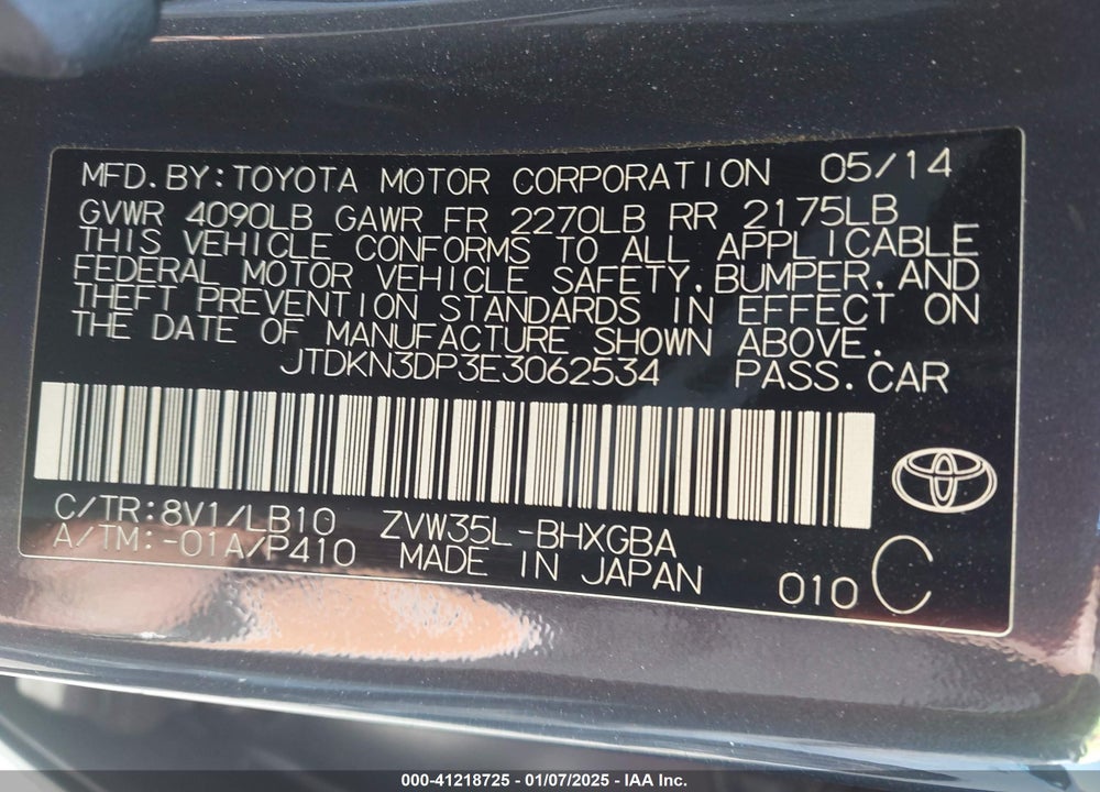 2014 TOYOTA PRIUS PLUG-IN VIN: JTDKN3DP3E3062534