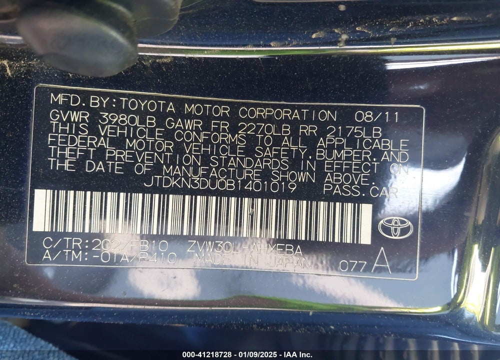 2011 TOYOTA PRIUS VIN: JTDKN3DU0B1401019