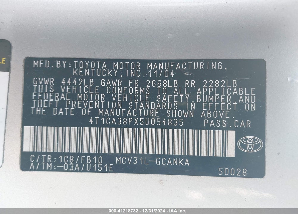 2005 TOYOTA CAMRY SOLARA SE V6 VIN: 4T1CA38PX5U054835