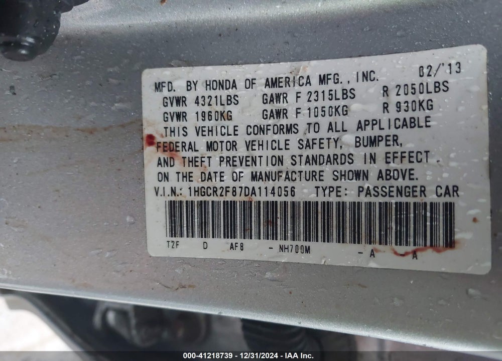 2013 HONDA ACCORD VIN: 1HGCR2F87DA114056