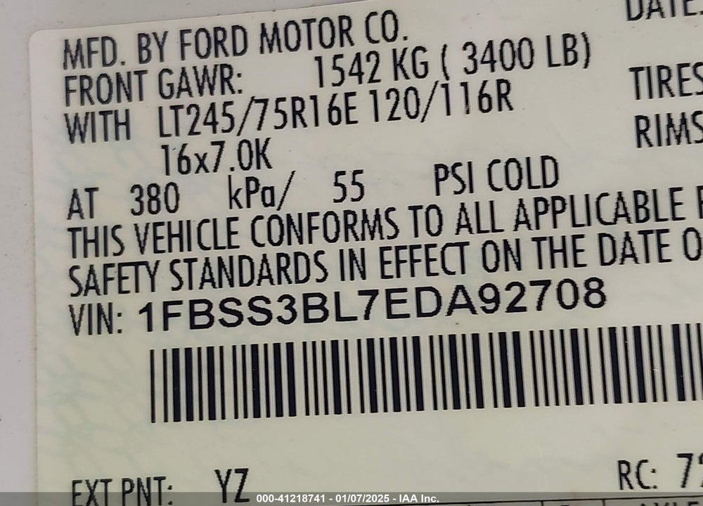 2014 FORD E-350 SUPER DUTY XLT VIN: 1FBSS3BL7EDA92708