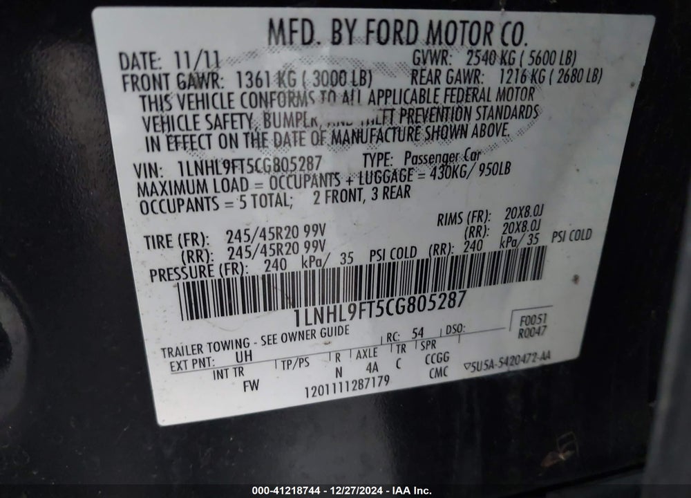 2012 LINCOLN MKS VIN: 1LNHL9FT5CG805287