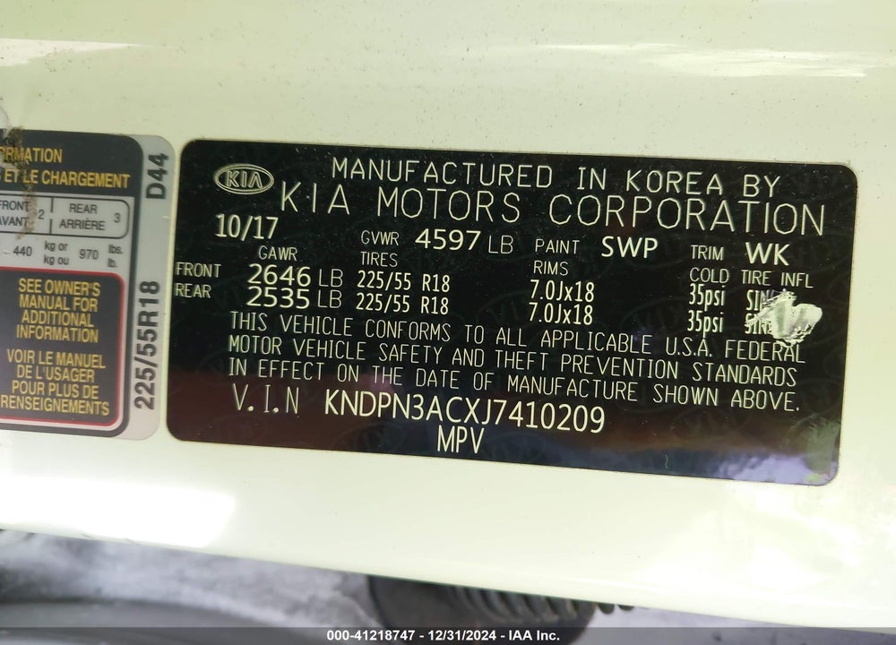 2018 KIA SPORTAGE EX VIN: KNDPN3ACXJ7410209