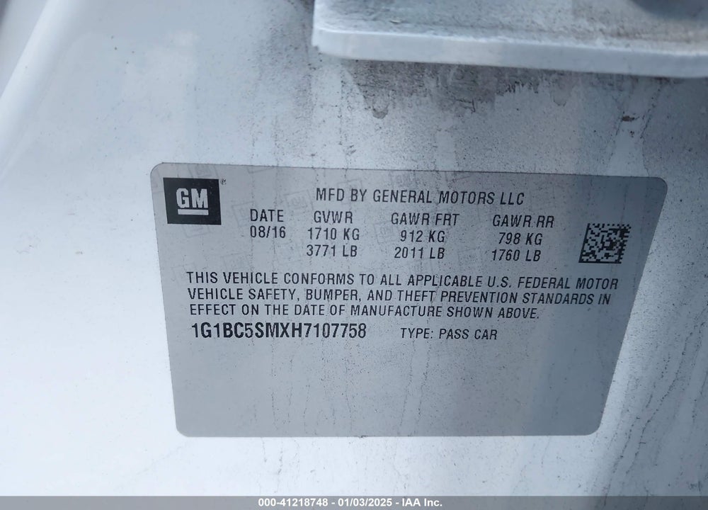2017 CHEVROLET CRUZE VIN: 1G1BC5SMXH7107758