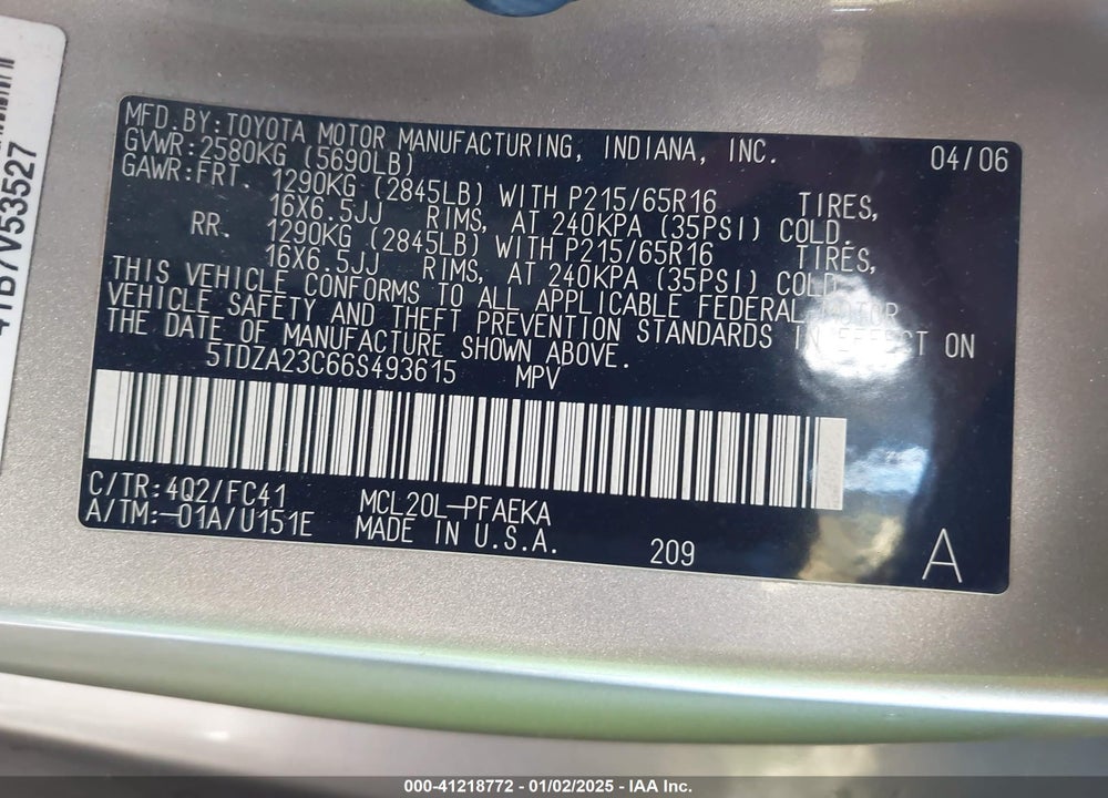 2006 TOYOTA SIENNA LE VIN: 5TDZA23C66S493615