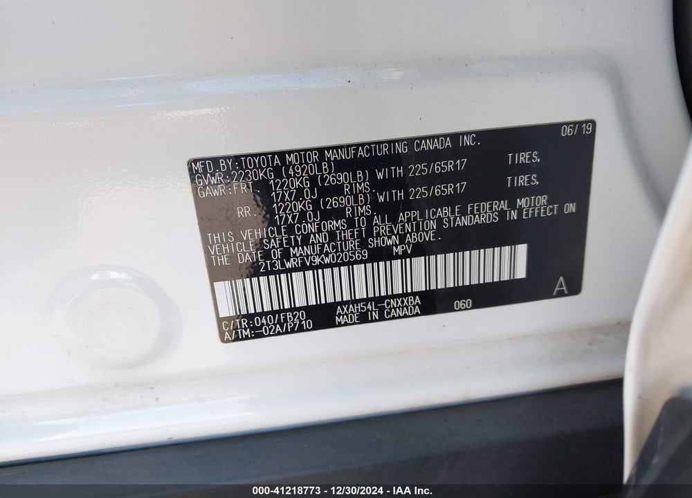 2019 TOYOTA RAV4 HYBRID LE VIN: 2T3LWRFV9KW020569