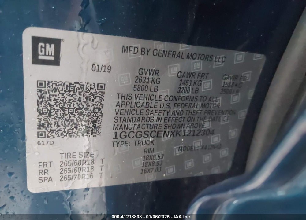 2019 CHEVROLET COLORADO LT VIN: 1GCGSCENXK1212304