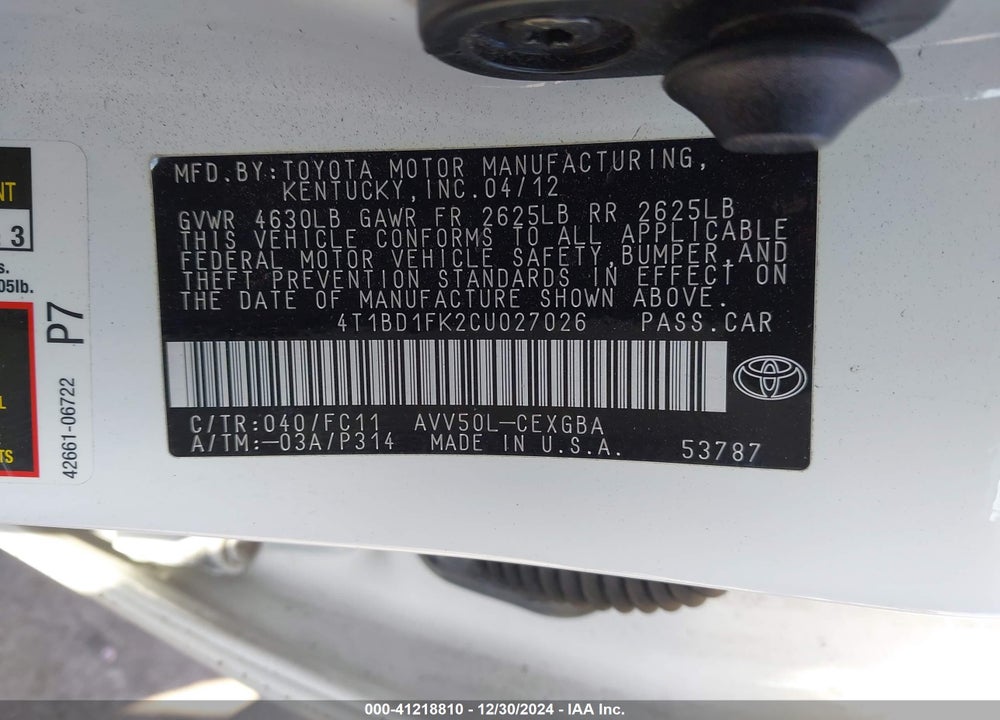 2012 TOYOTA CAMRY HYBRID VIN: 4T1BD1FK2CU027026