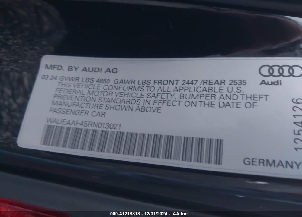 2024 AUDI A4 PREMIUM PLUS 45 TFSI S LINE QUATTRO S TRONIC VIN: WAUEAAF45RN013021