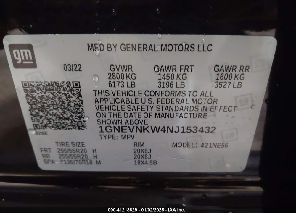 2022 CHEVROLET TRAVERSE AWD HIGH COUNTRY VIN: 1GNEVNKW4NJ153432
