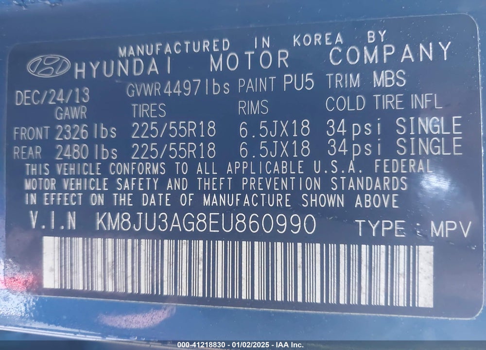 2014 HYUNDAI TUCSON LIMITED VIN: KM8JU3AG8EU860990