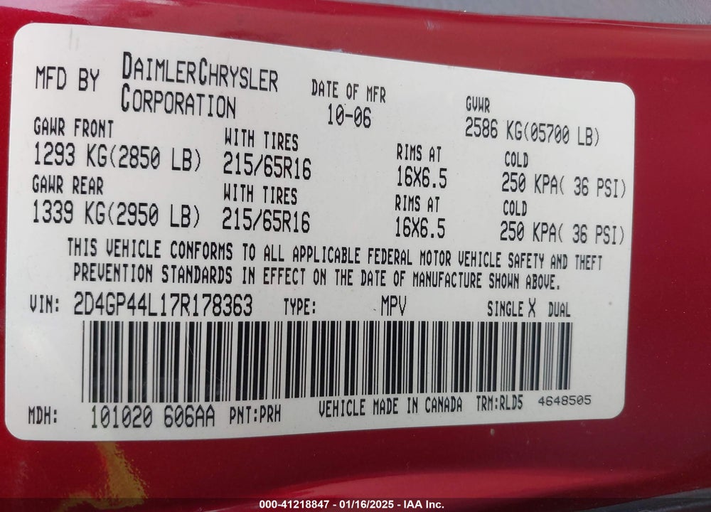 2007 DODGE GRAND CARAVAN SXT VIN: 2D4GP44L17R178363
