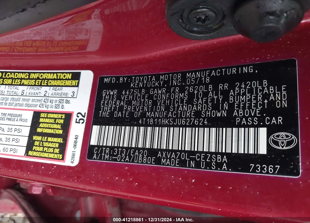 2018 TOYOTA CAMRY SE VIN: 4T1B11HK5JU627624