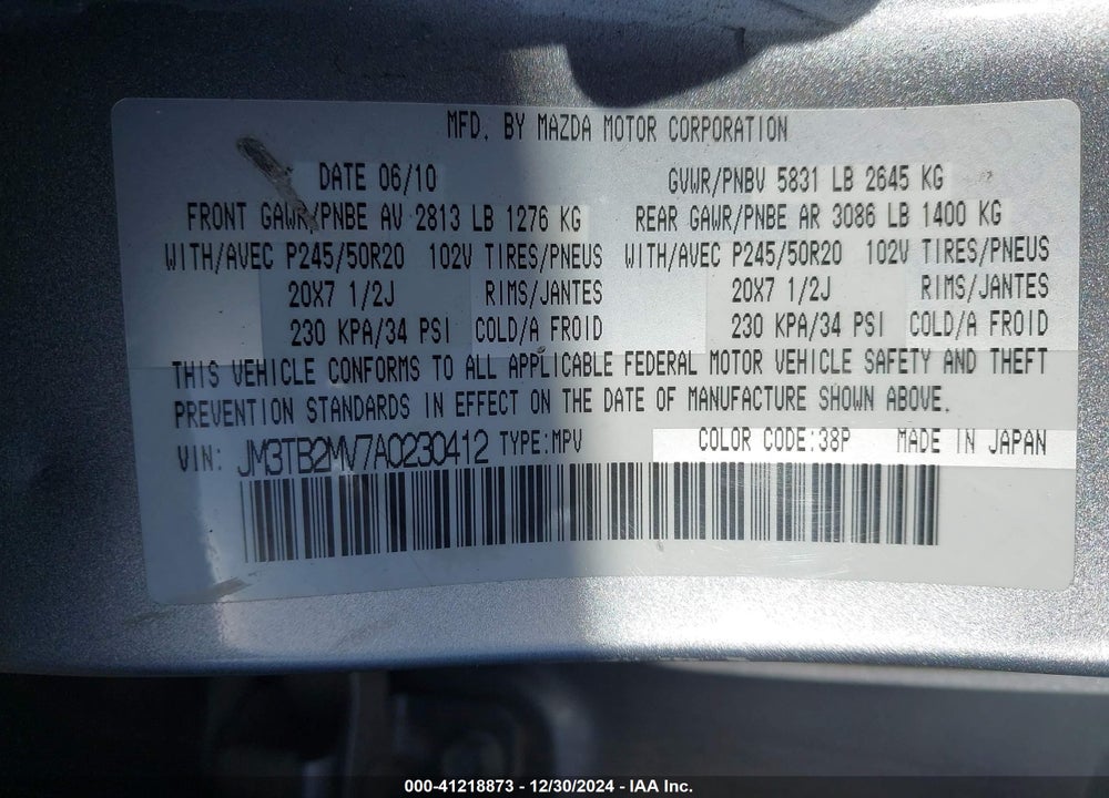 2010 MAZDA CX-9 GRAND TOURING VIN: JM3TB2MV7A0230412