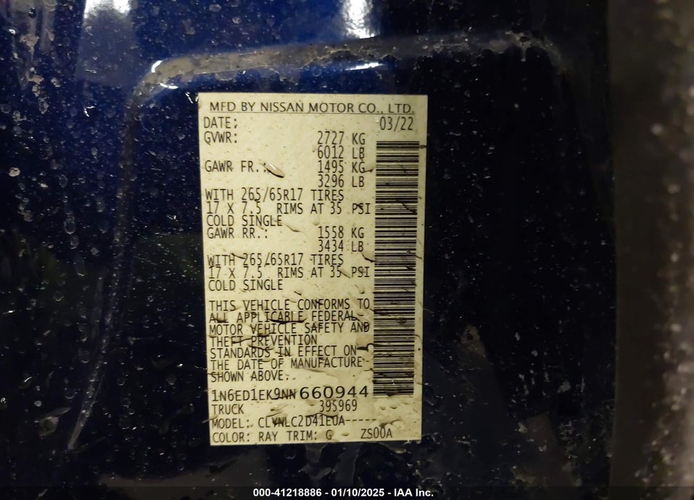 2022 NISSAN FRONTIER VIN: 1N6ED1EK9NN660944