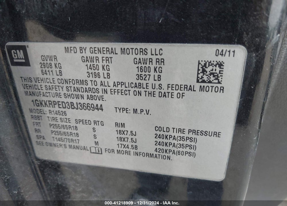 2011 GMC ACADIA SLE VIN: 1GKKRPED3BJ366944