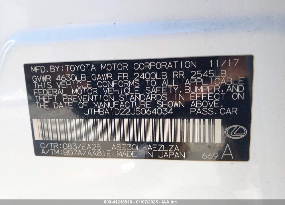 2018 LEXUS IS 300 VIN: JTHBA1D22J5064034